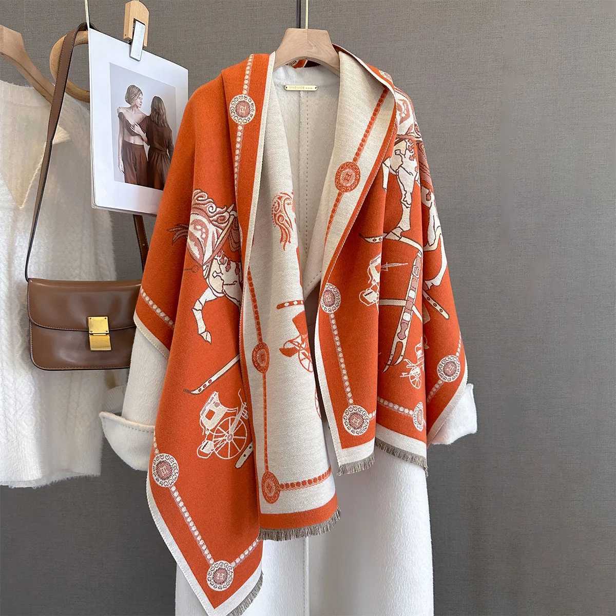 Autumn Winter Elegant Horse Print Shl Wr Women Luxury Cashmere Scarf Femme Thick Warm Blanket Stoles Long BlanketXJ251128