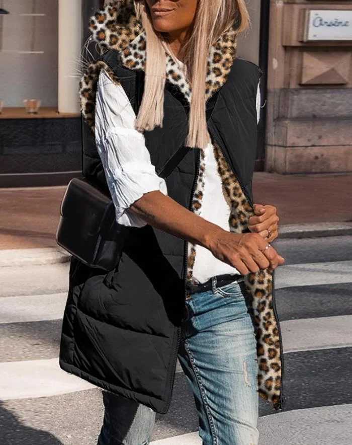 Womens Vest 2024 Autumn Reversible Leopard Pattern Vests Sleeveless Fleece Jacket Zip Up Hoodie Pockets Long Warm Winter CoatT251128