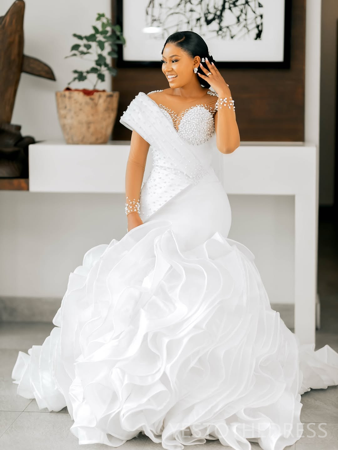 2026 Plus Size Wedding Dress For Bride Mermaid Wedding Gowns Illusion Sheer Neck Long Sleeves Pearls Tulle Tiers Organza Bridal Dresses For Black Afri