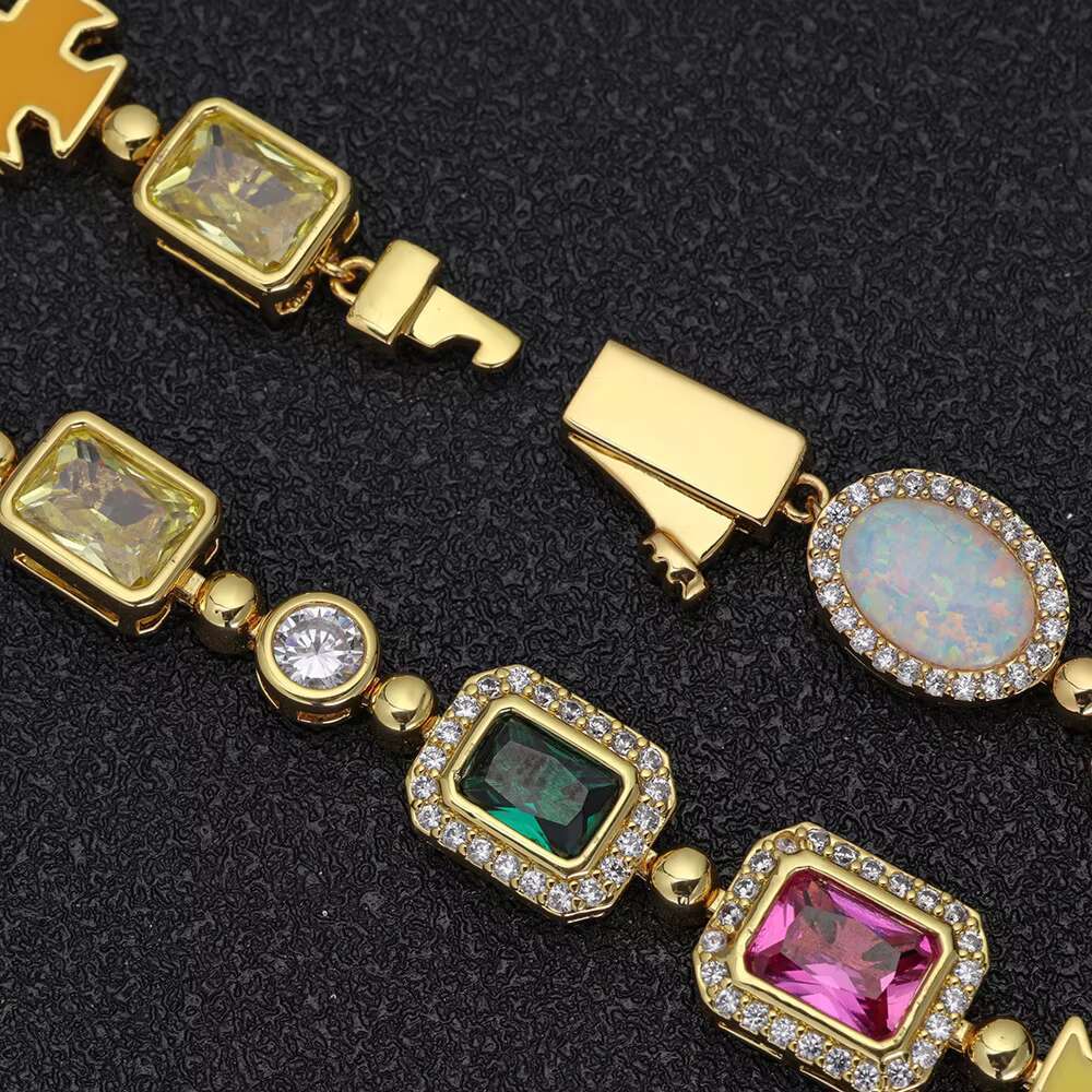 Nuoya 10mm Custom Multi Color Enamel Bling Moissanite Stone Chain Silver Geometric Gemstone Motif Iced Out Chain Necklace