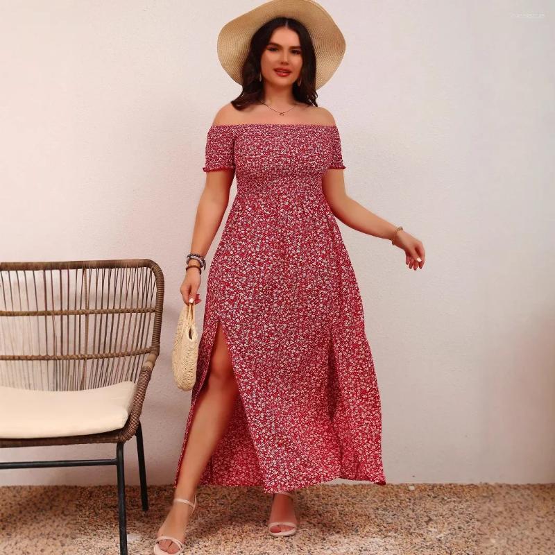 Plus 4XL Size Dresses Ladies Large Casual Bohemian Print One Shoulder Long Floral Dress Slit Design Elegant Women's Fashion Maxi