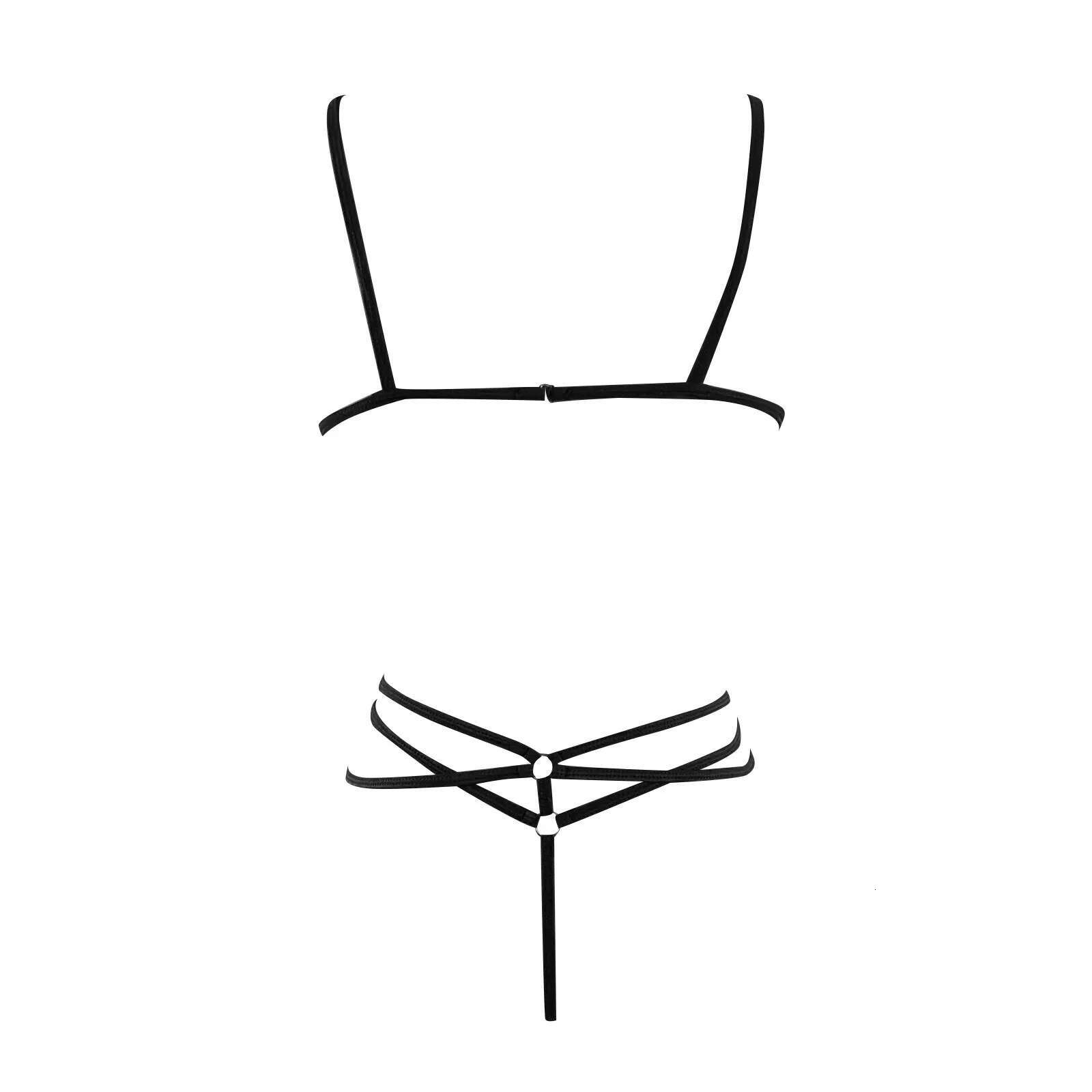 Dongdumaoyi Women Fashion Underwear Two Piece Set Sexy Patent Leather Steel Circle Lingerie Three Points Strap Hollow Out Panties Porno Suit Women S T