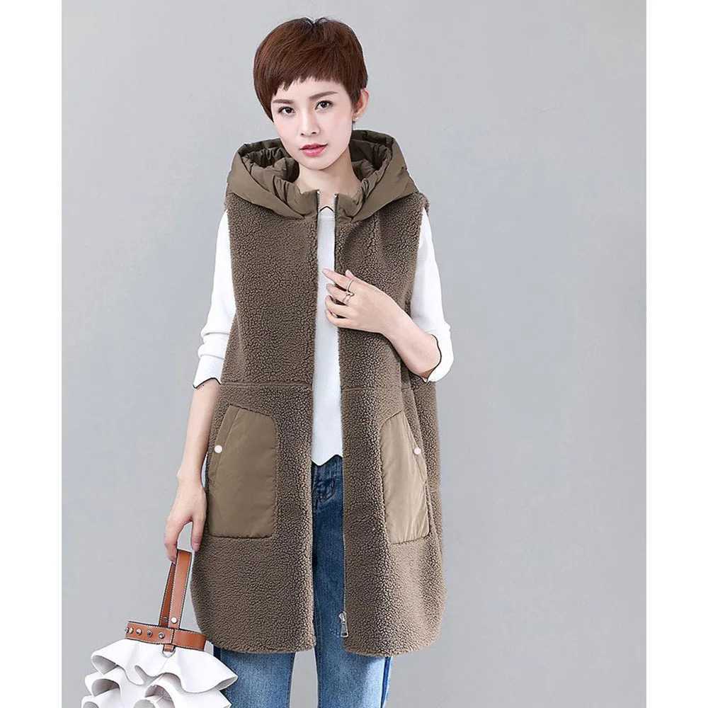 Imitation Lambwool Vest With Cotton Thick Warm Sleeveless Jacket Women Long Hooded Waistcoat Fashion Casual Vest Large Size 4XLT251128
