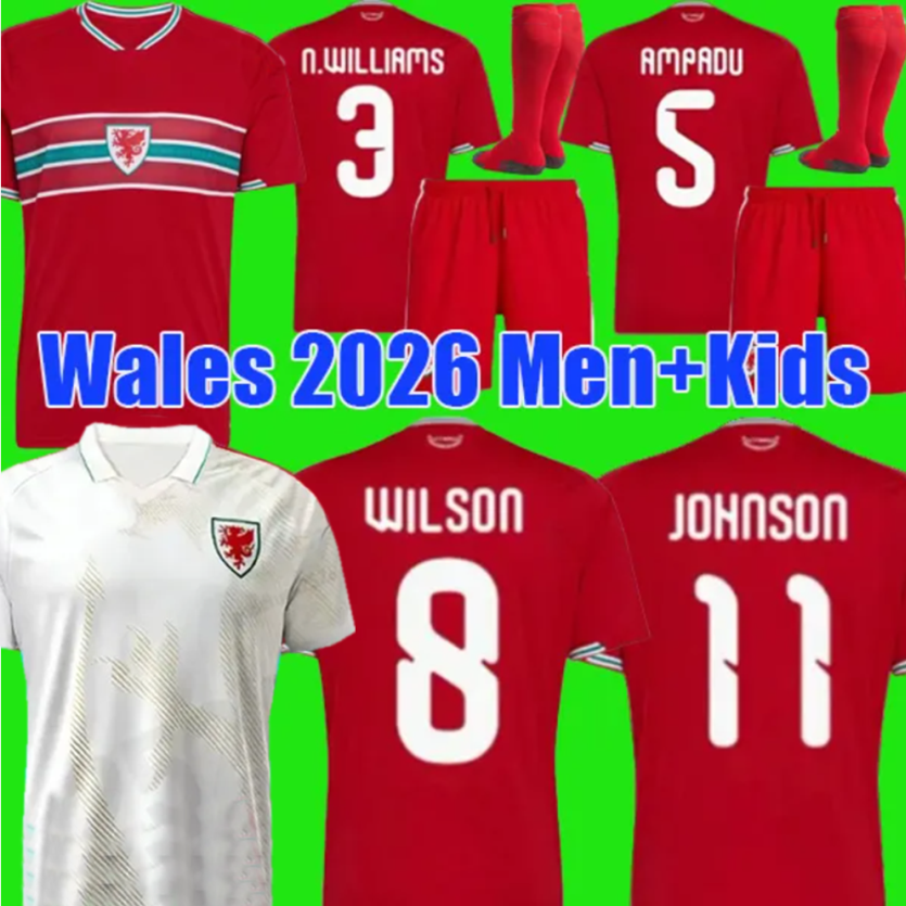 2026 World Cup Wales soccer jerseys JAMES BALE Men Welsh football shirts JOHNSON N.WILLIAMS RODON T.ROBERTS MOORE THOMAS kids set uniforms