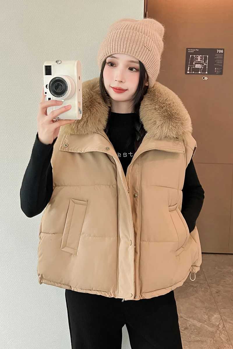 Womens Vest Autumn Winter New Korean Version Loose Versatile Down Cotton Vest Back and Fur Collar for Wearing Short OuterwearT251128