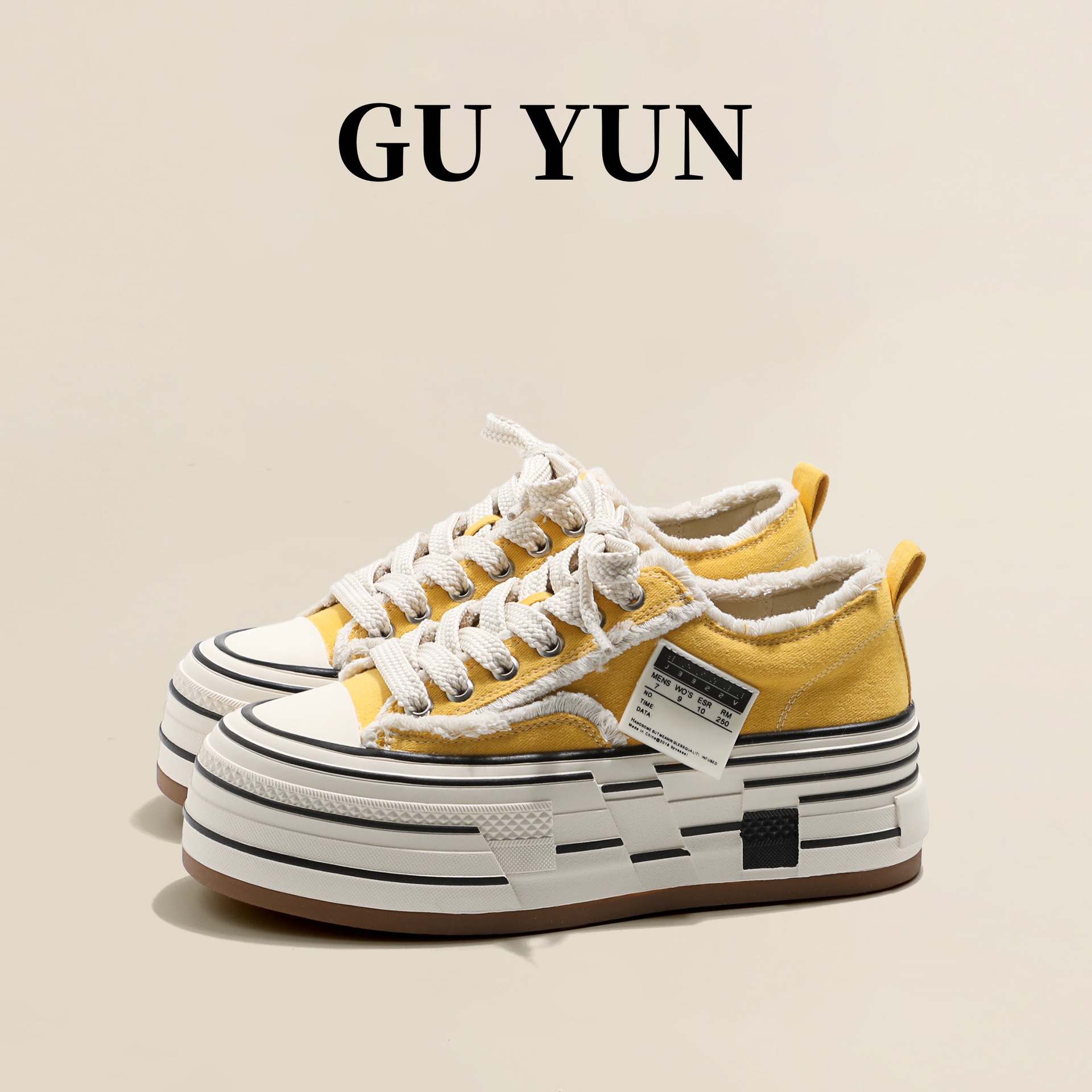 Women's off-white platform canvas shoes with increased height new spring style chunky heel distressed shoes casual sneakers