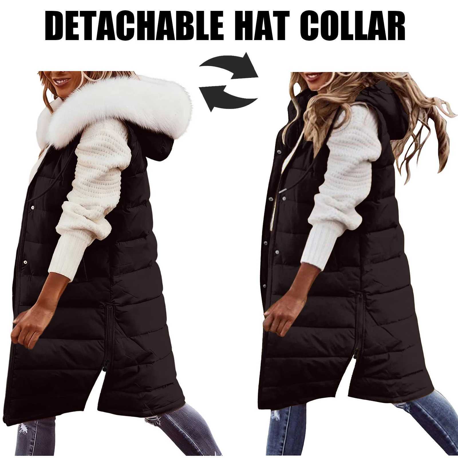 Hairy Collar Long with Hood Outdoor Vest Down Womens Jacket Quilted Coat Sleeveless Jacket Winter Light Weight SweatersT251128