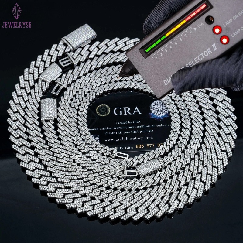necklace moissanite chain Wholesale price vvs 2 rows miami gold cuban chain 925 sterling silver diamond cuban