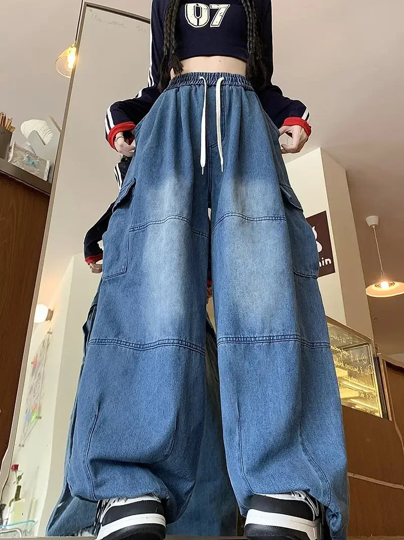 Cargo Jean Loose Wide Leg Workwear Jeans Elastic Waist Men and Women Spring Autumn Faion Waed Out Trousers Straight Cut Z260313