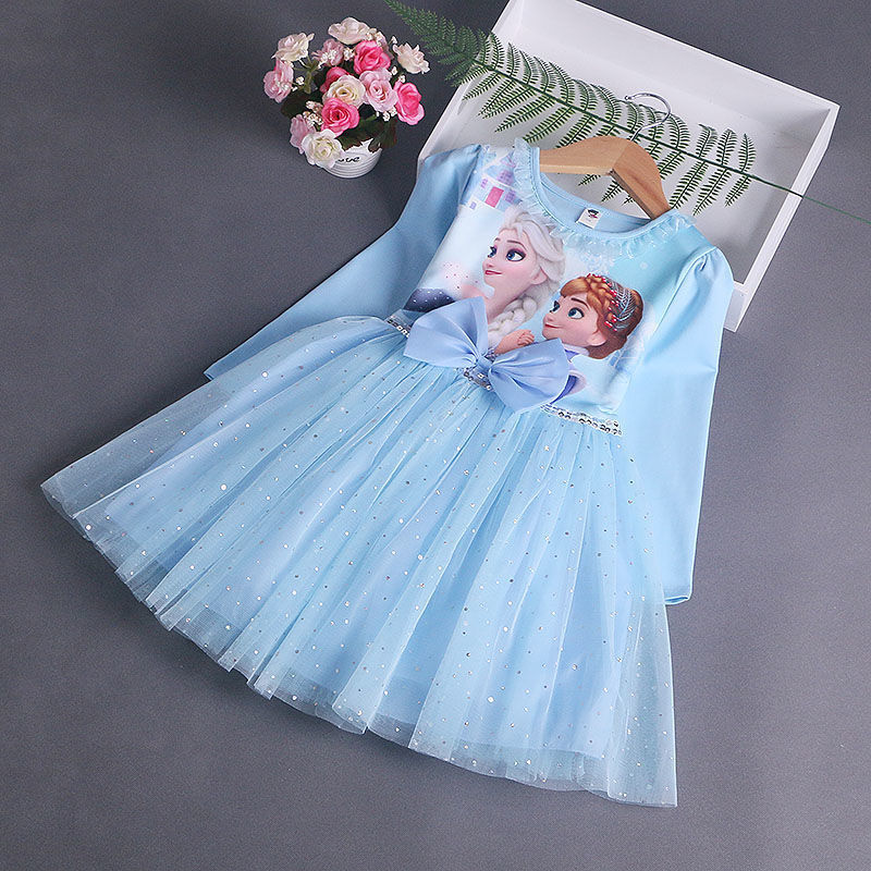 DISNEY Elsa princess dress kids designer clothes Spring and Autumn Girls' Long Sleeve Dress Children's Puff Sleeve Tulle Skirt