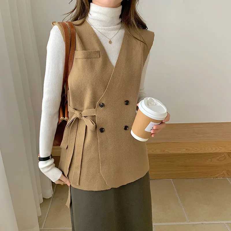 Women Korean Fashion Minimalist Lace Up Asymmetrical Chic Woolen Vest Jacket Office Lady Solid V Neck Sleeveless Loose WaistcoatT251128