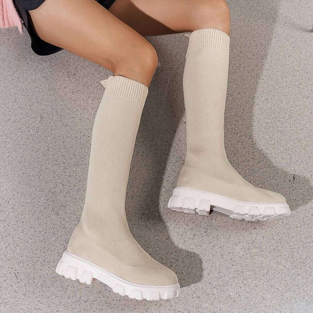 Thick Sole Knitted Long for Women Fashion Elastic Socks Shoes Boots Over Knee Round Toe Low Heels Botas De Mujer 2025