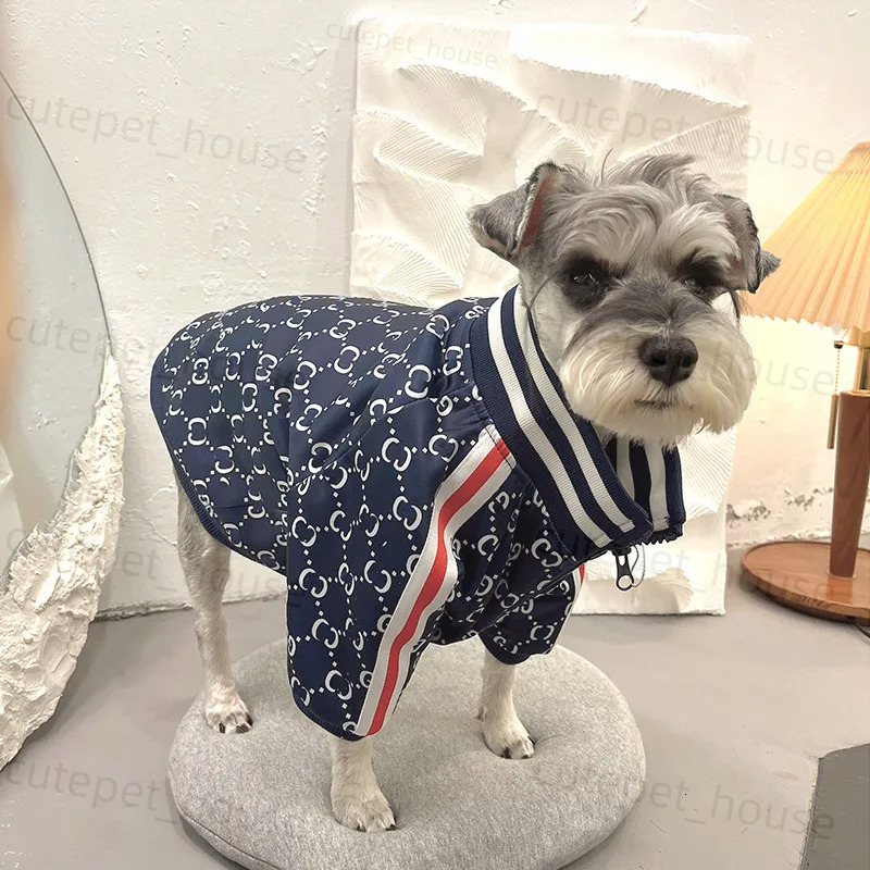 Designer Clothes Classic Letter Pattern Apparel Fashionable Printed Dog Jacket Stylish Pet Coat for Small to Dogs Medium Thickness Navy Blue Y179