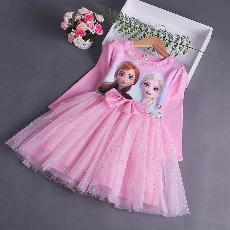 DISNEY Elsa princess dress kids designer clothes Spring and Autumn Girls' Long Sleeve Dress Children's Puff Sleeve Tulle Skirt