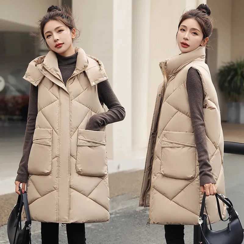 Winter Women Long Hooded Warm Vest Women Solid Detachable Hat Waistcoat Sleeveless Jacket Parka Coats Female Down Cotton VestsT251128