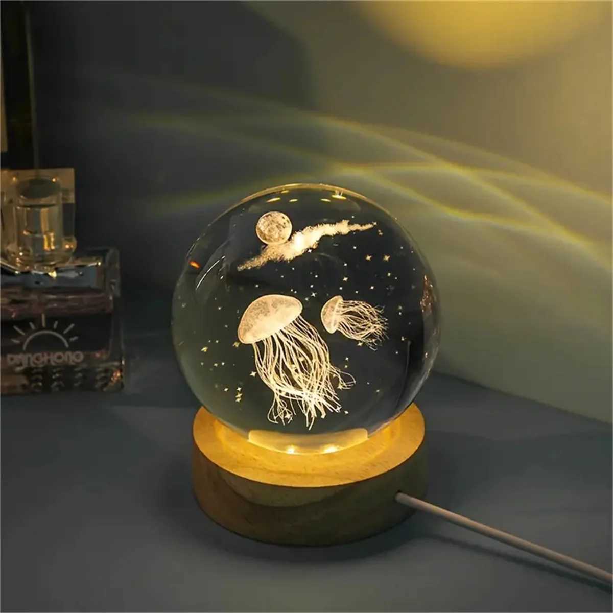 1PC 6CM 3D Jellyfish Rainbow Gradient Laser Engraving Crystal Ball LED Night Light M251128