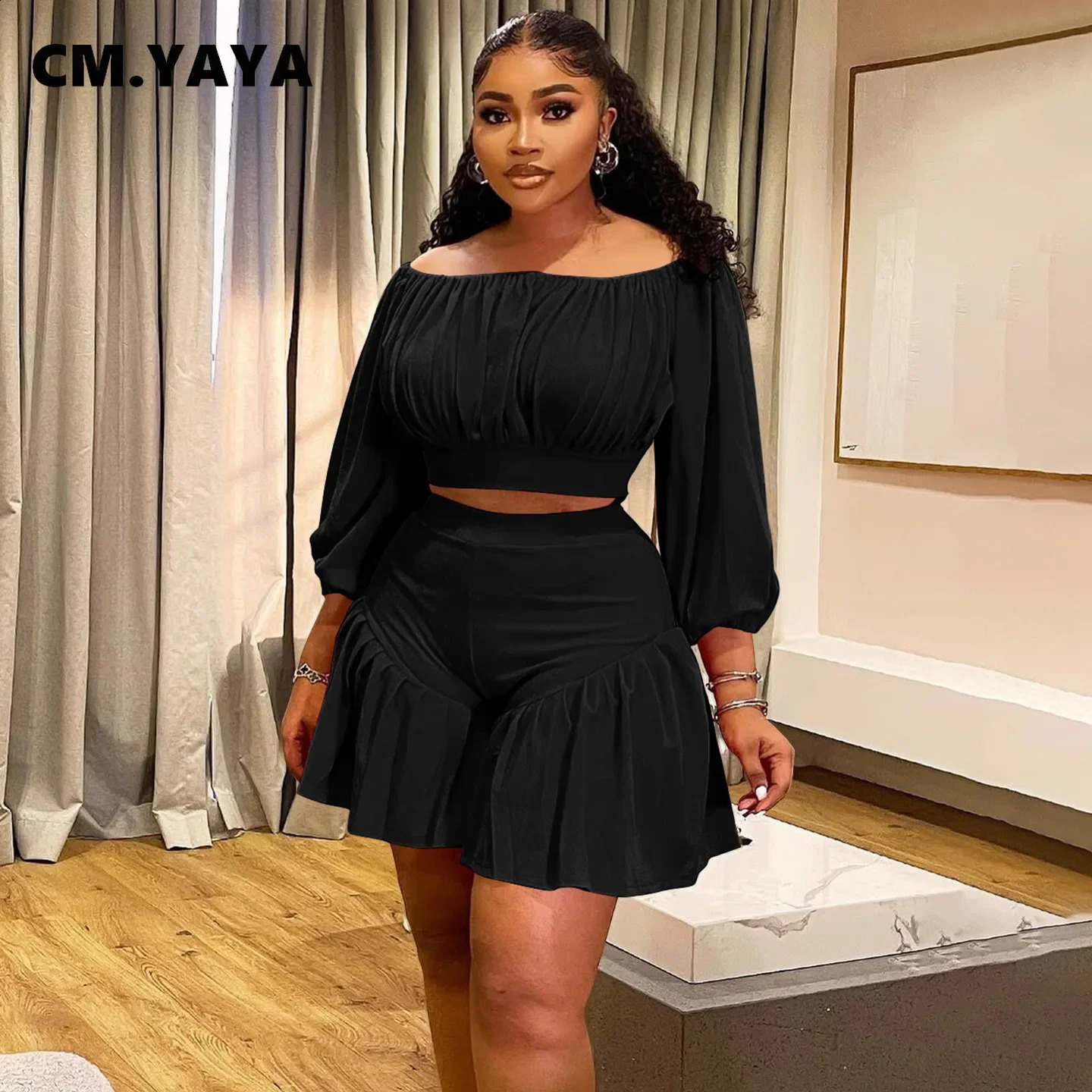 Plus Size Womens Set Long Sleeve Slash Neck T-Shirt and Shorts 2025 Summer Ruched Two 2 Piece Set Outfits Tracksuit 250428