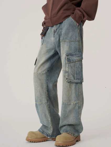 Mens Baggy Denim Cargo Pants Multi-Pocket Wide-Leg Jeans Vintage Washed Loose Fit Strtwear StyleC250528