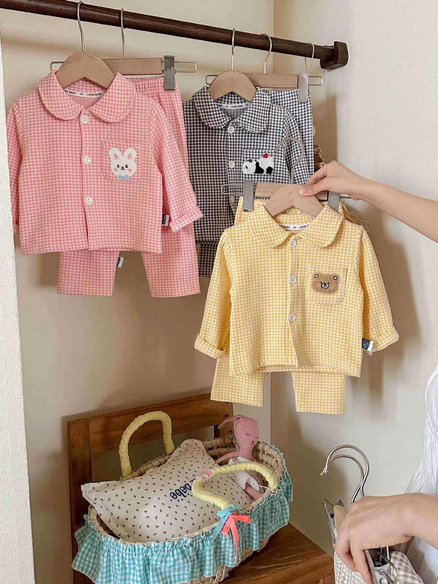 Kids Plaid Cartoon Pajamas Sets 1-9Y Toddler Boys Girls Cute Animal Patch Checkered Sleepwear Long Sleeve Homewear Loungewear H260403