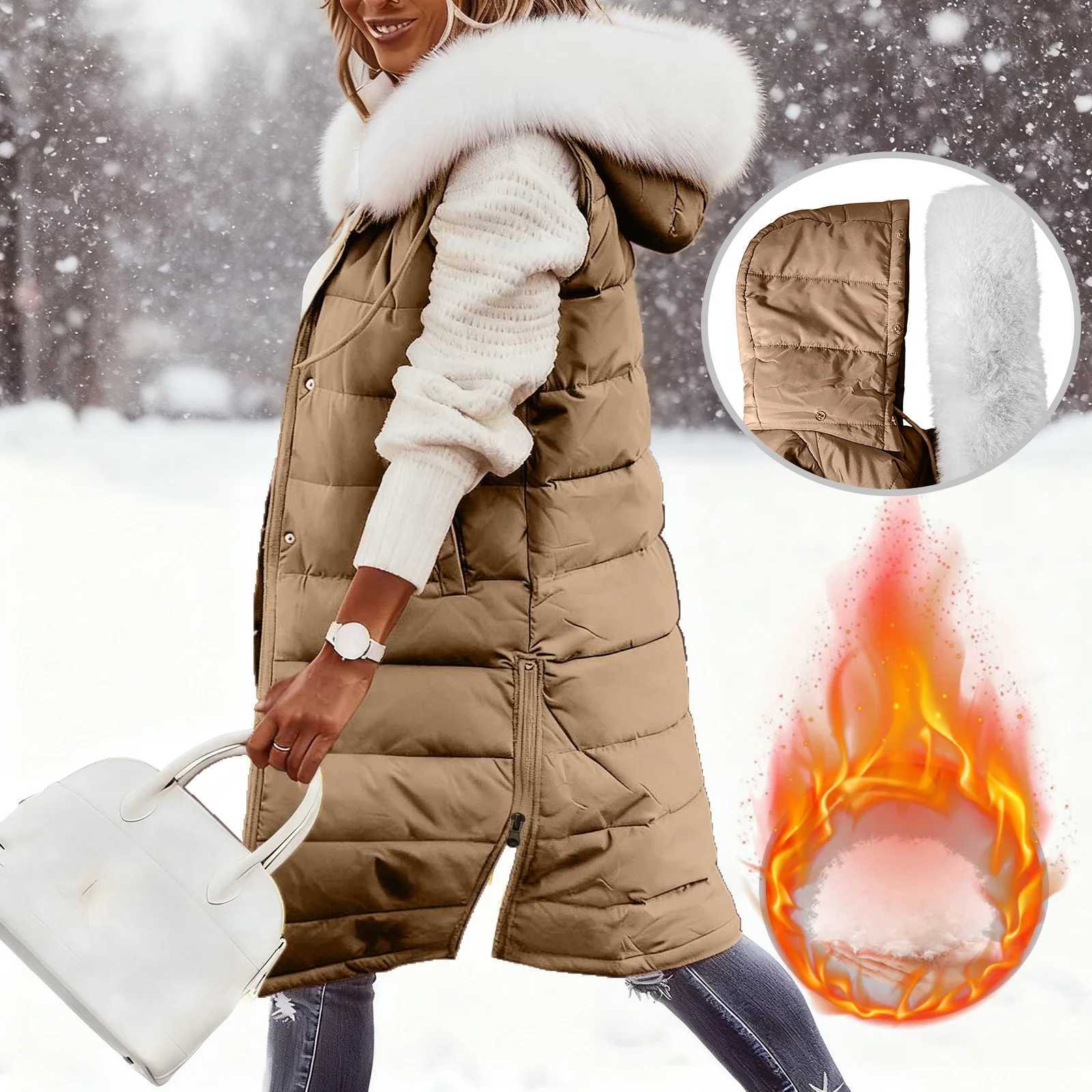 Hairy Collar Long with Hood Outdoor Vest Down Womens Jacket Quilted Coat Sleeveless Jacket Winter Light Weight SweatersT251128