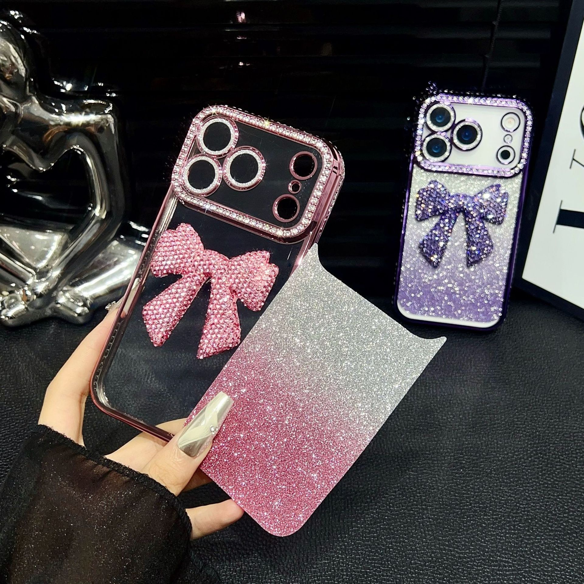 Electroplated 3D Rhinestone Bowknot Phone Case iPhone 17 Pro Max Compatible with Apple 16/15 Gradient Glitter Paper Protective Case