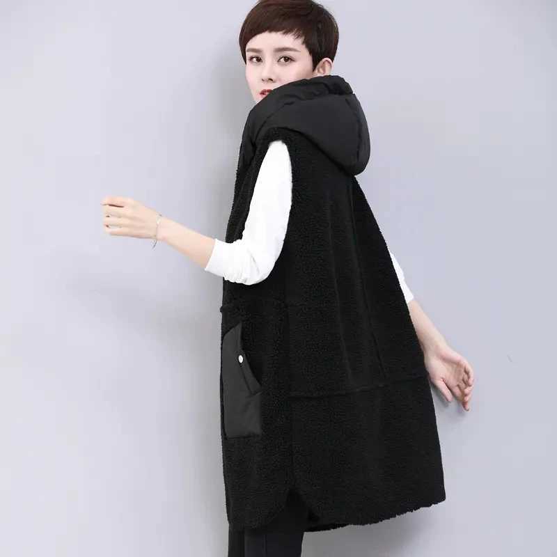 Imitation Lambwool Vest With Cotton Thick Warm Sleeveless Jacket Women Long Hooded Waistcoat Fashion Casual Vest Large Size 4XLT251128