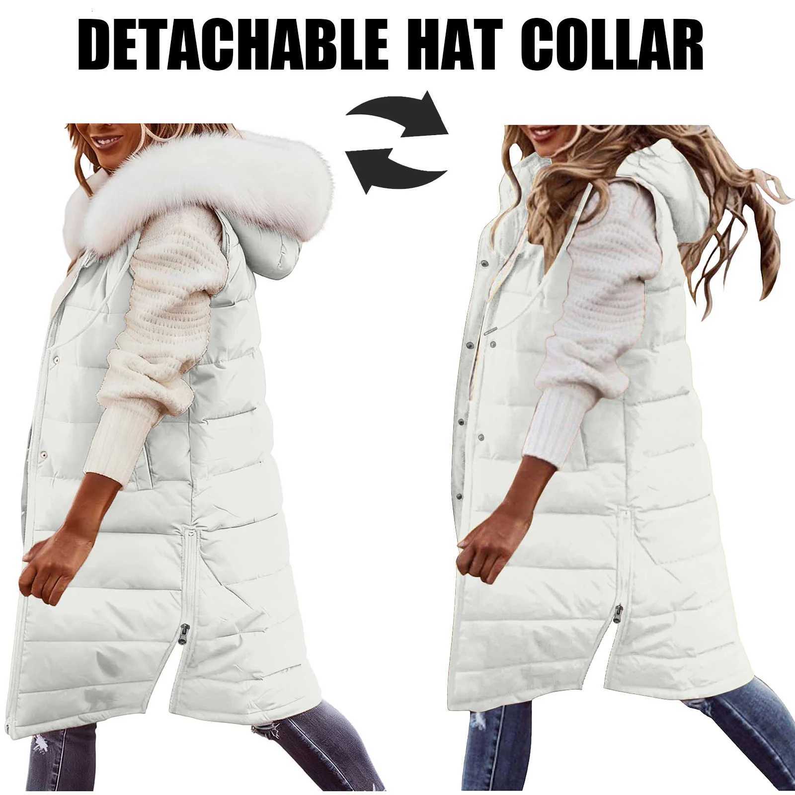 Hairy Collar Long with Hood Outdoor Vest Down Womens Jacket Quilted Coat Sleeveless Jacket Winter Light Weight SweatersT251128
