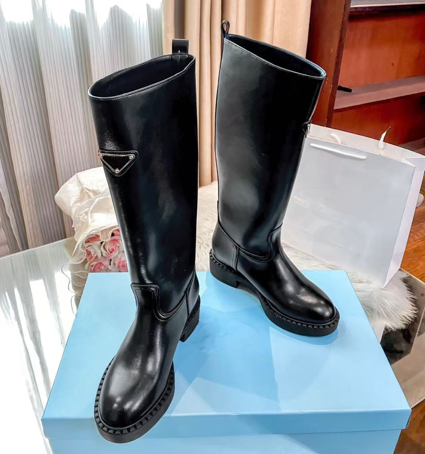 Designer Boots Women Luxury Boot P Brand Fall Winter Summer Knee High Quality Platform Rubber Bottom Casual Waterproof Footwear Cowboy Booties 35-41