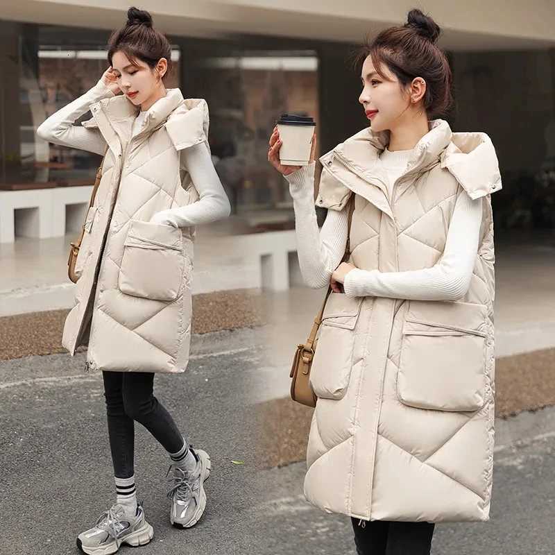 Winter Women Long Hooded Warm Vest Women Solid Detachable Hat Waistcoat Sleeveless Jacket Parka Coats Female Down Cotton VestsT251128