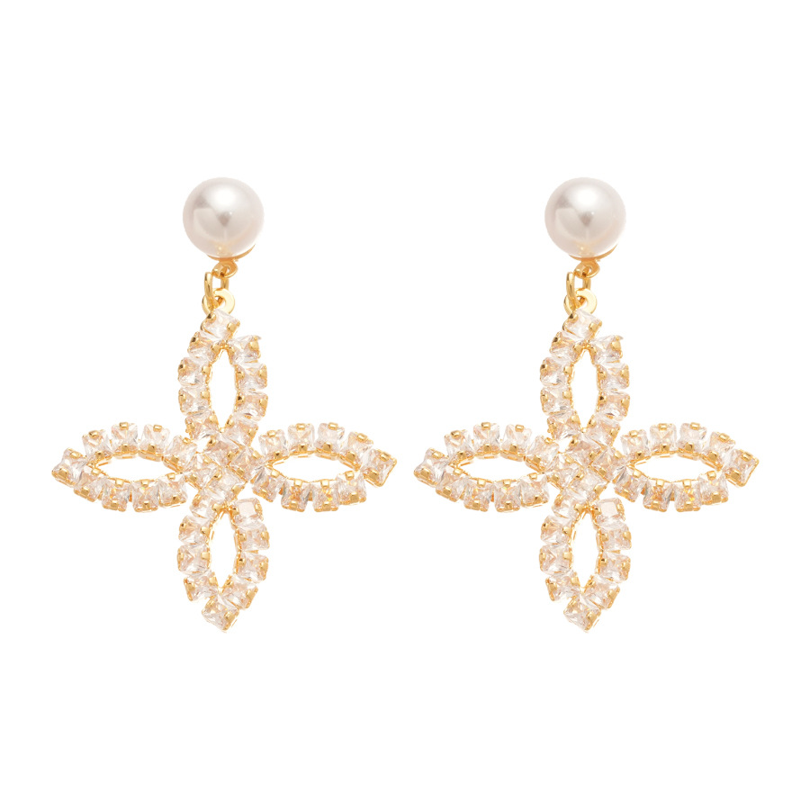 18K Real Gold Plated Silver Needle Zircon Pearl Petal Pendant Elegant Studs Light Luxury High-end Feel Earrings for Women - view 8