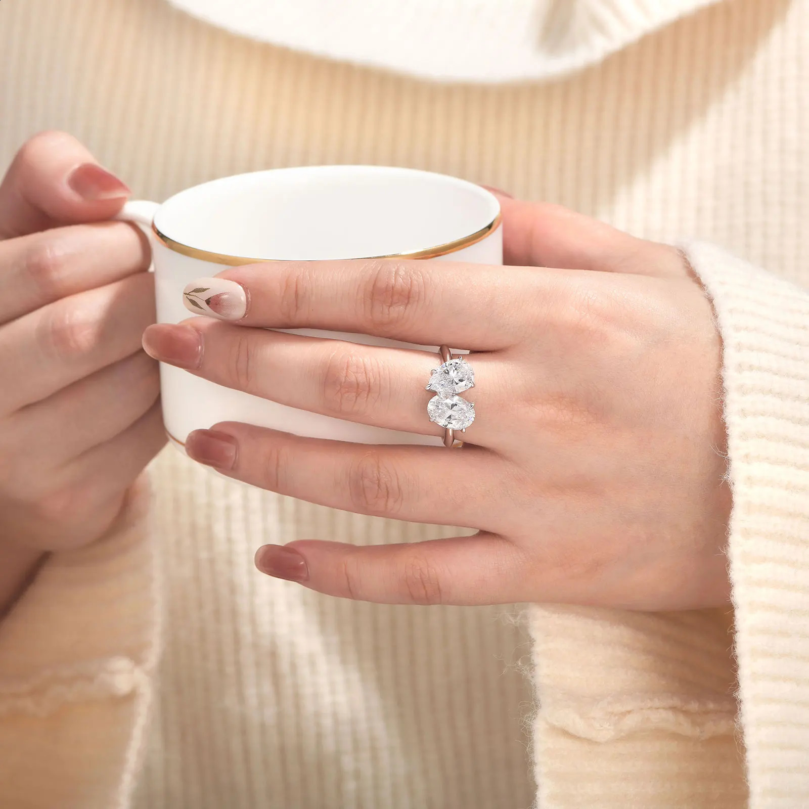 she 925 Silver Toi Et Moi Engagement Ring for Women Cocktail Solitaire Oval Pear Zircon Rings Dating Jewelry 250427