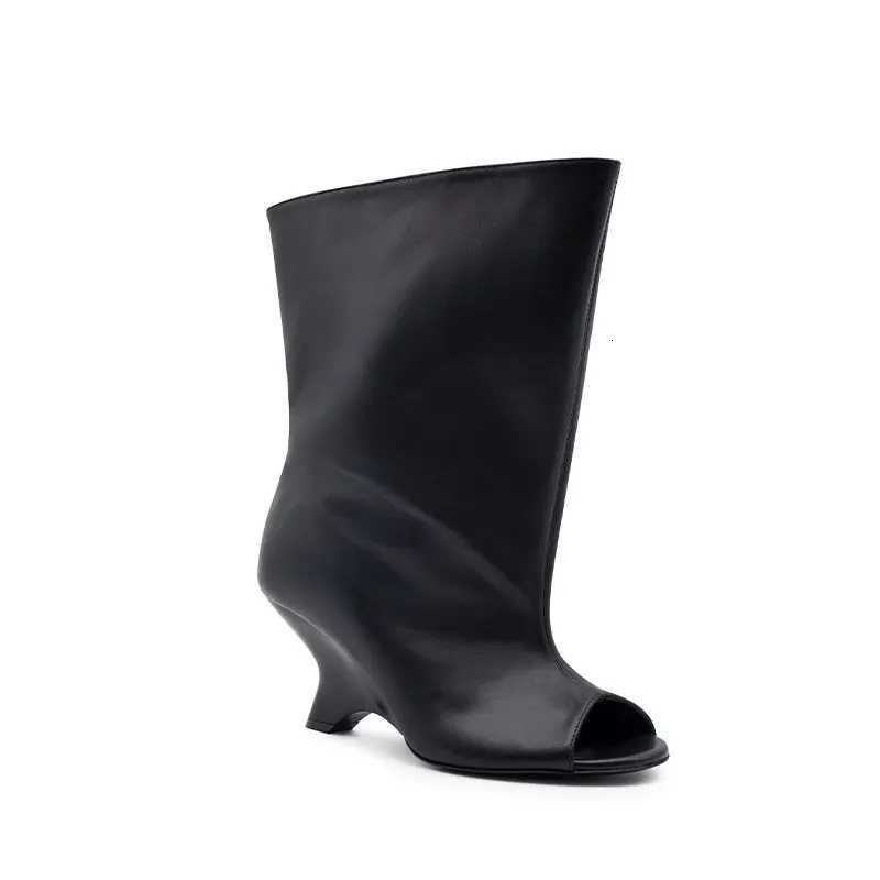 2025 Spring and Autumn Womens Fish Mouth Thick High Heels Knee Length Womens Boots Fashion Slope Heel Large Summer Cool Boots W251128
