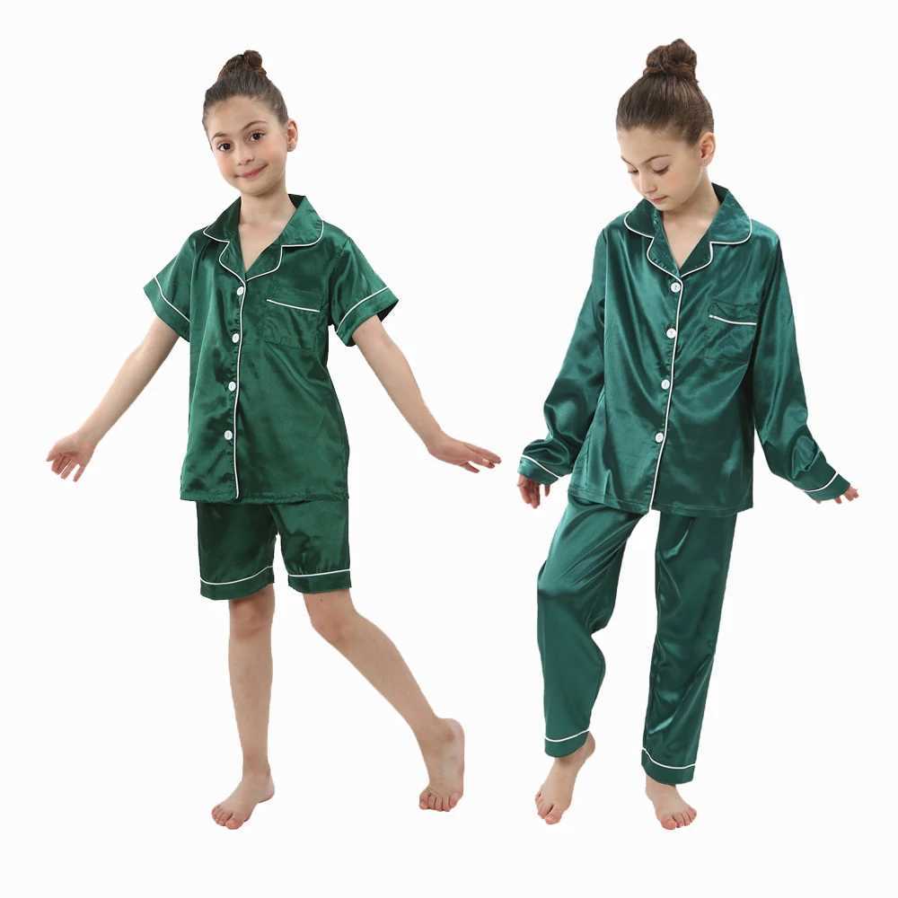 2 to 14 Years Boys Girls Pajamas Sets Kids Silk Satin Top Pant Long/Short Sleeve Solid Pyjamas Suits Nightgown Child Sleepwear H260403