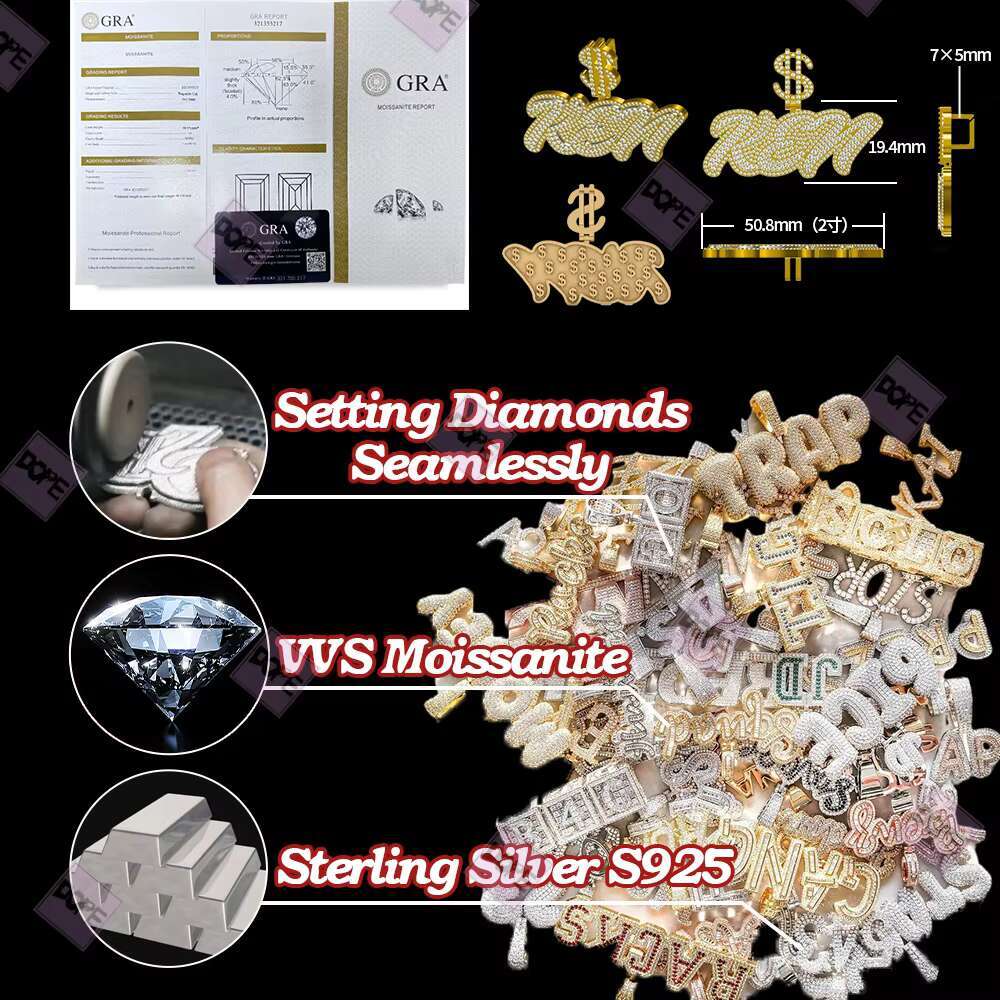 Iced Out Custom Mossanite Letter Pendant Chain 925 Silver Gold Plated Hiphop Vvs Moissanite Pendant