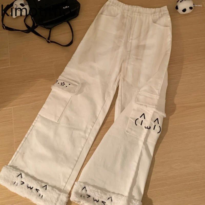 Women's Pants Kimotimo Cute Plush Patchwork Women Autumn Winter High Waist Big Pocket Loose Straight Trousers Casual Fashion Streetwear Z260314