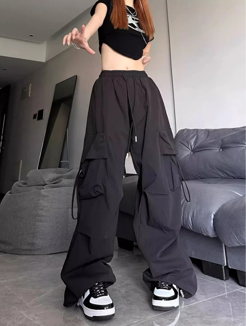 Ripped Y2K Women Cargo Pants Fashion Vintage Hip Hop Loose High Waist Pocket Baggy Pant Casual Streetwear Drawstring Sweatpant Z260314