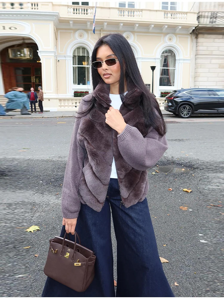 Medieval Knitted Faux Fur Jacket For Women Long Sleeve High Neck Warm Furry Coat Lady Autumn Winter Outwears 251128