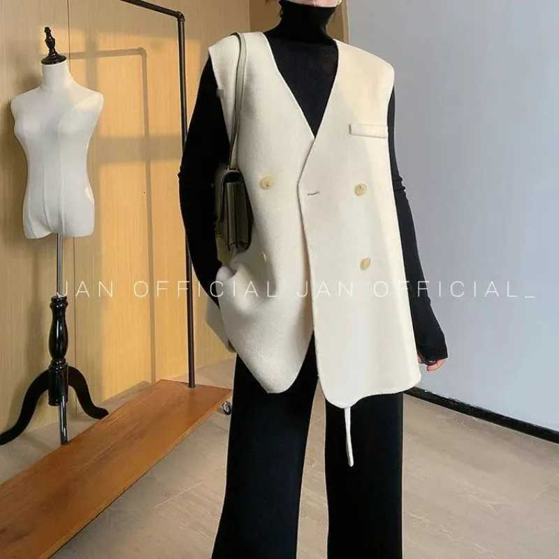 Women Korean Fashion Minimalist Lace Up Asymmetrical Chic Woolen Vest Jacket Office Lady Solid V Neck Sleeveless Loose WaistcoatT251128