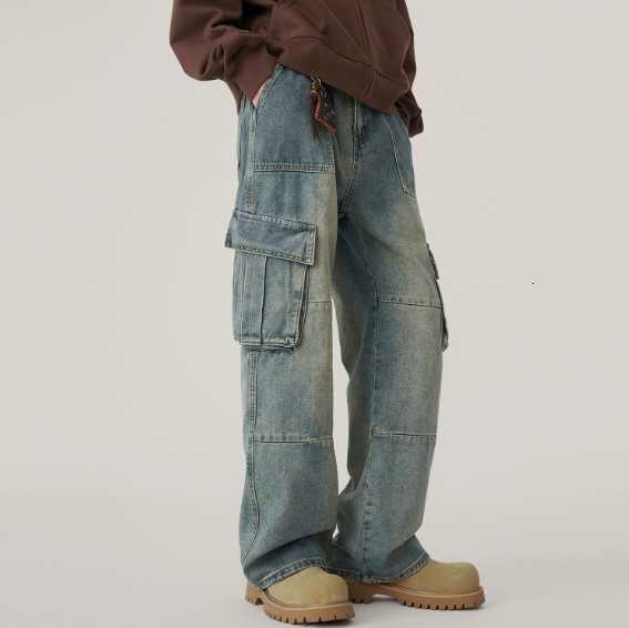 Mens Baggy Denim Cargo Pants Multi-Pocket Wide-Leg Jeans Vintage Washed Loose Fit Strtwear StyleC250528