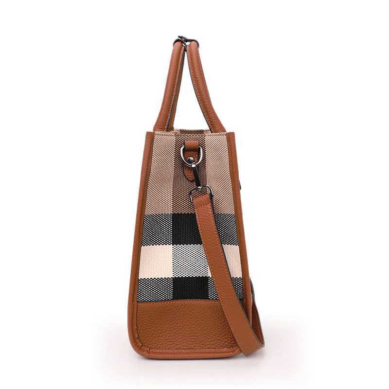 Aidrani Fashion Plaid Canvas Womens Handbag Classic Versatile Large Capacity Cowhide Single Shoulder Crossbody Bag K251128