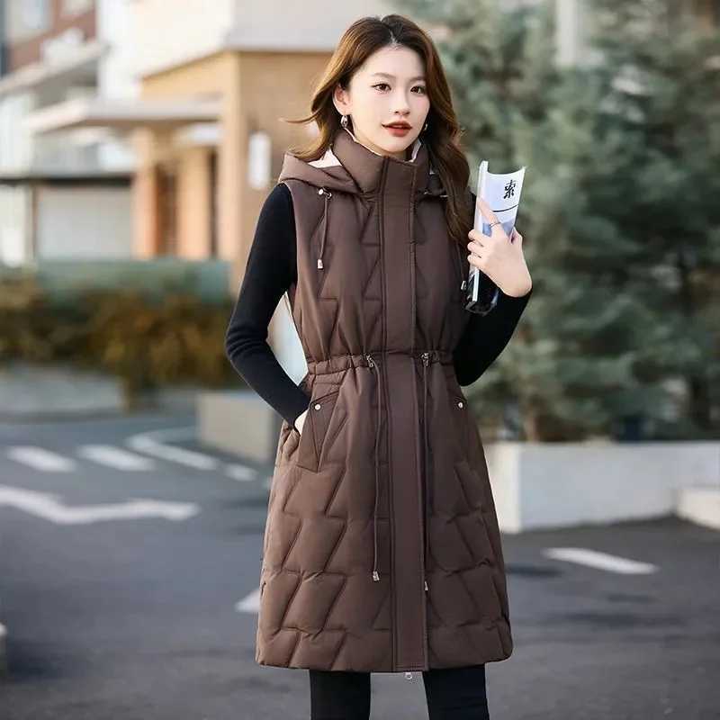 Winter Down Cotton Sleeveless Vest Women Warm Hooded Mid Long Jacket Casual Female Waistcoat Fashion Outerwears Chaleco MujerT251128
