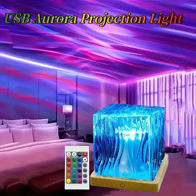 Ocean Wave Aurora Projector Light Remote 16 Colors RGB Dimmable Water Ripple Flame Crystal Lamp for Living Room Study Bedroom M251128