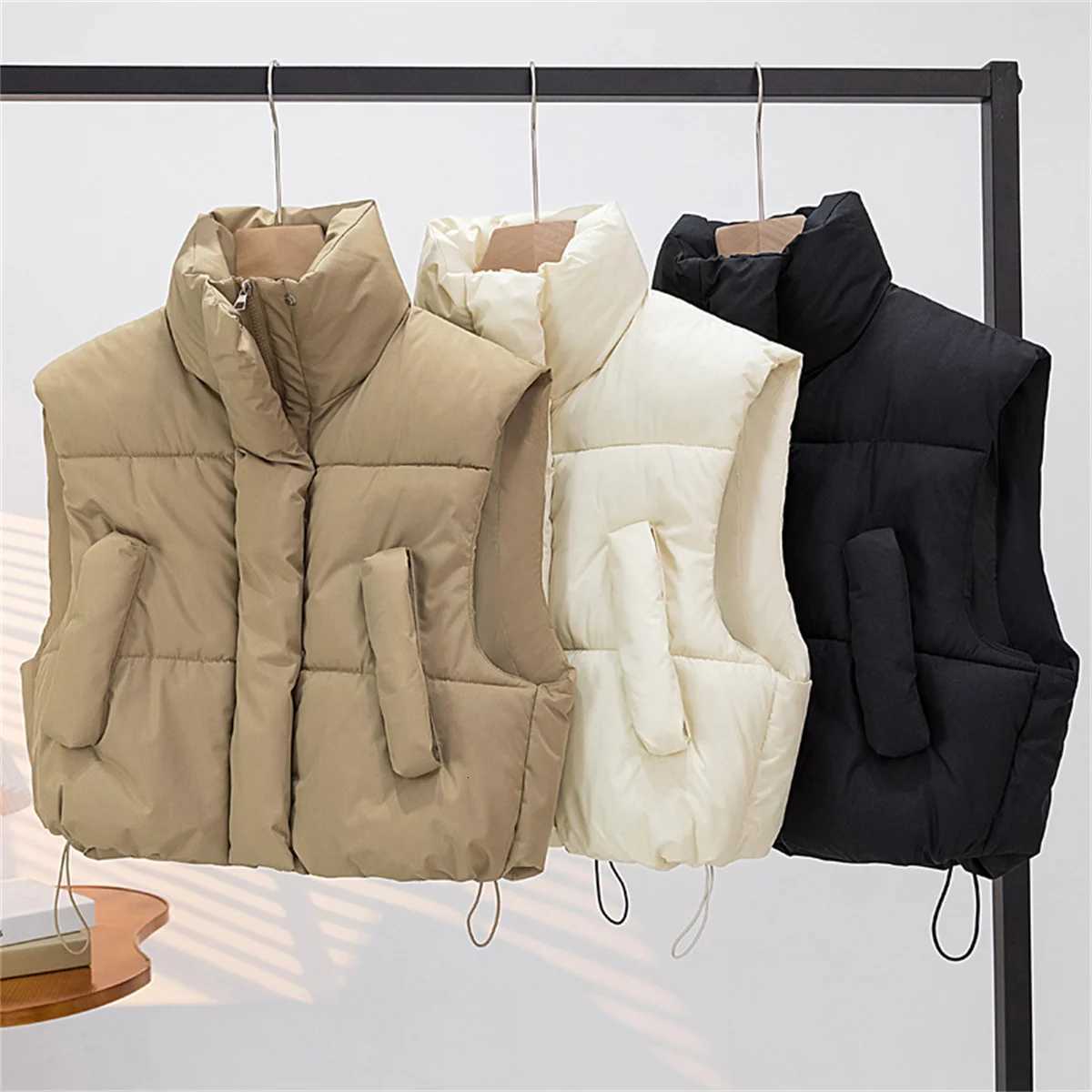 Autumn Winter Womens Short Cotton Down Vest Short Stand-up Collar Warm Sleeveless Quilted Vest Outdoor Jacket Tops OutwearT251128