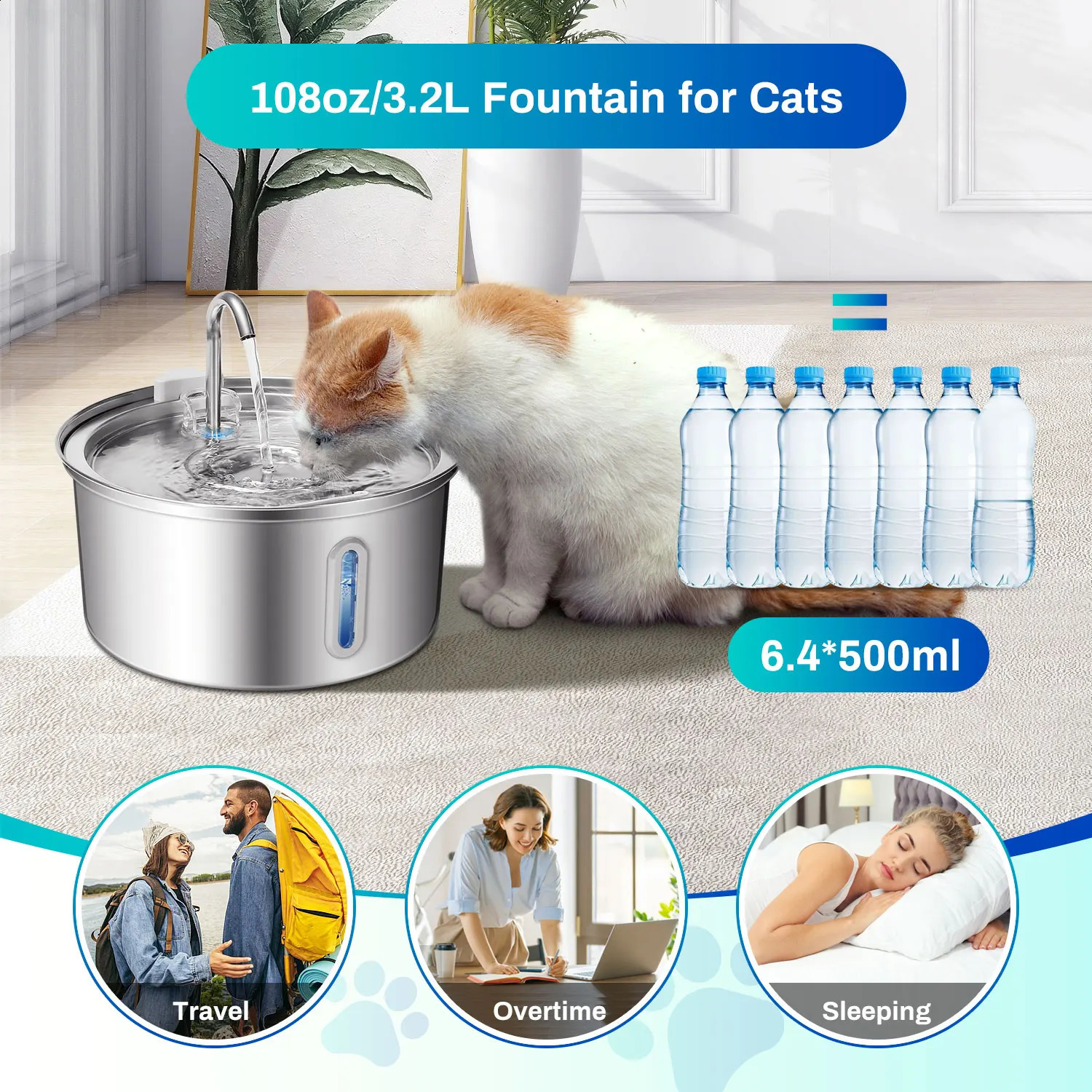 Cat Fountain Stainless Steel 108oz/3.2L Pet Fountain with Ultra Quiet Pump Filtration System Water Level Window 250427