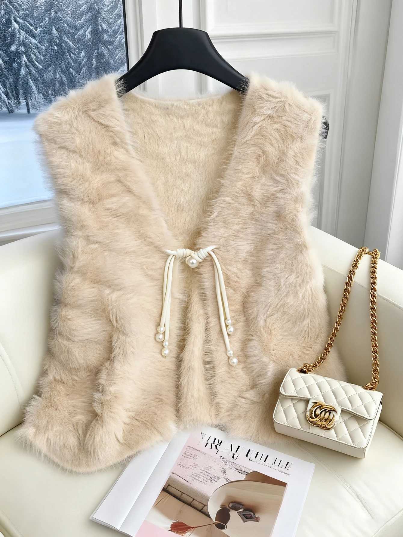 Fuzzy Knit Front-Tie Sweater Vest Cardigan Sleeveless Vest Versatile Elegant Loose Comfortable New Autumn and Winter StyleT251128