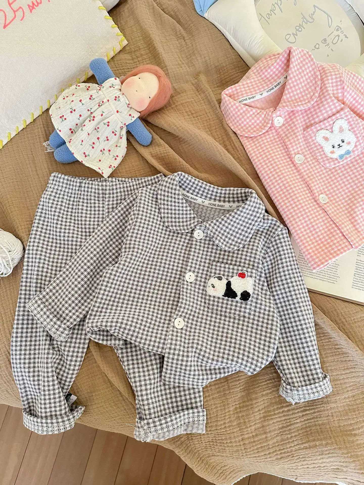 Kids Plaid Cartoon Pajamas Sets 1-9Y Toddler Boys Girls Cute Animal Patch Checkered Sleepwear Long Sleeve Homewear Loungewear H260403
