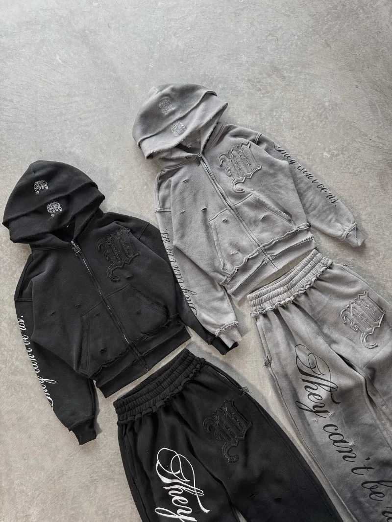 High street retro perforated embroidery American style Casual couple set street Harajuku punk loose hooded sweatshirtXJ251127