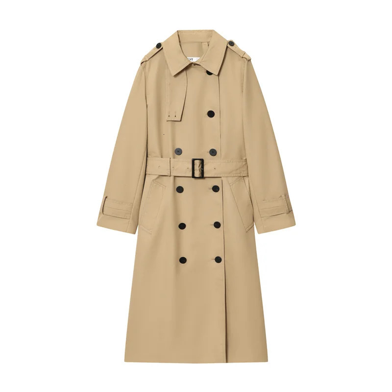 Womens Trench Coat Autumn Style Solid Color Long-Sleeve Waterproof Double-Breasted Trench Coat with Belt British 251128