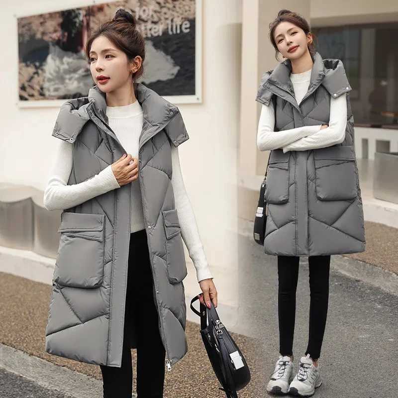 Winter Women Long Hooded Warm Vest Women Solid Detachable Hat Waistcoat Sleeveless Jacket Parka Coats Female Down Cotton VestsT251128