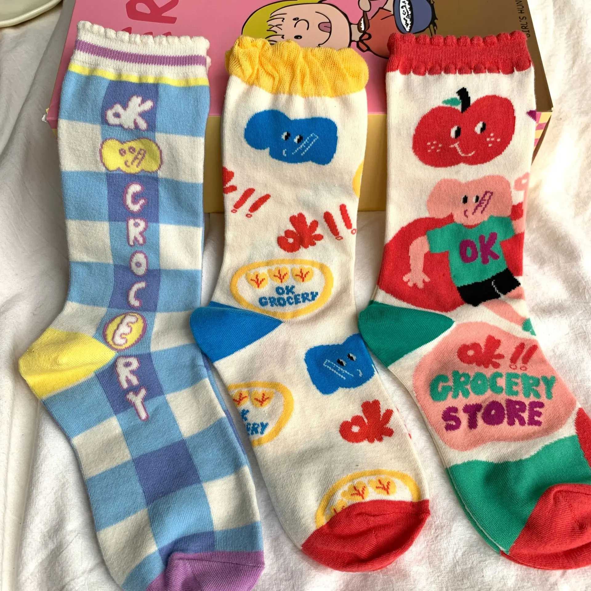 Women Little Tomato Socks Female Korean Mid-tube Ins JK Girls Cute Kawaii Cartoon All-season Casual Comfortable Cotton Socks J251128